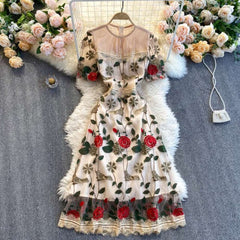 Women French Retro Vestidos Waist Slimming Embroidered Flower Midi Dress