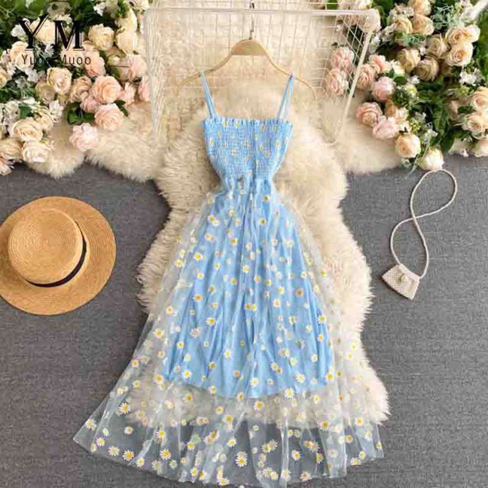 Women Daisy Flower Print Mesh Two Layers Spaghetti Strap Midi Dress