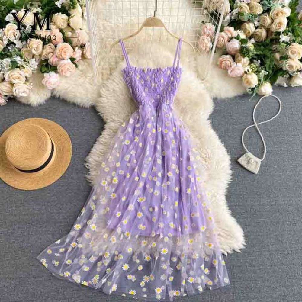 Women Daisy Flower Print Mesh Two Layers Spaghetti Strap Midi Dress