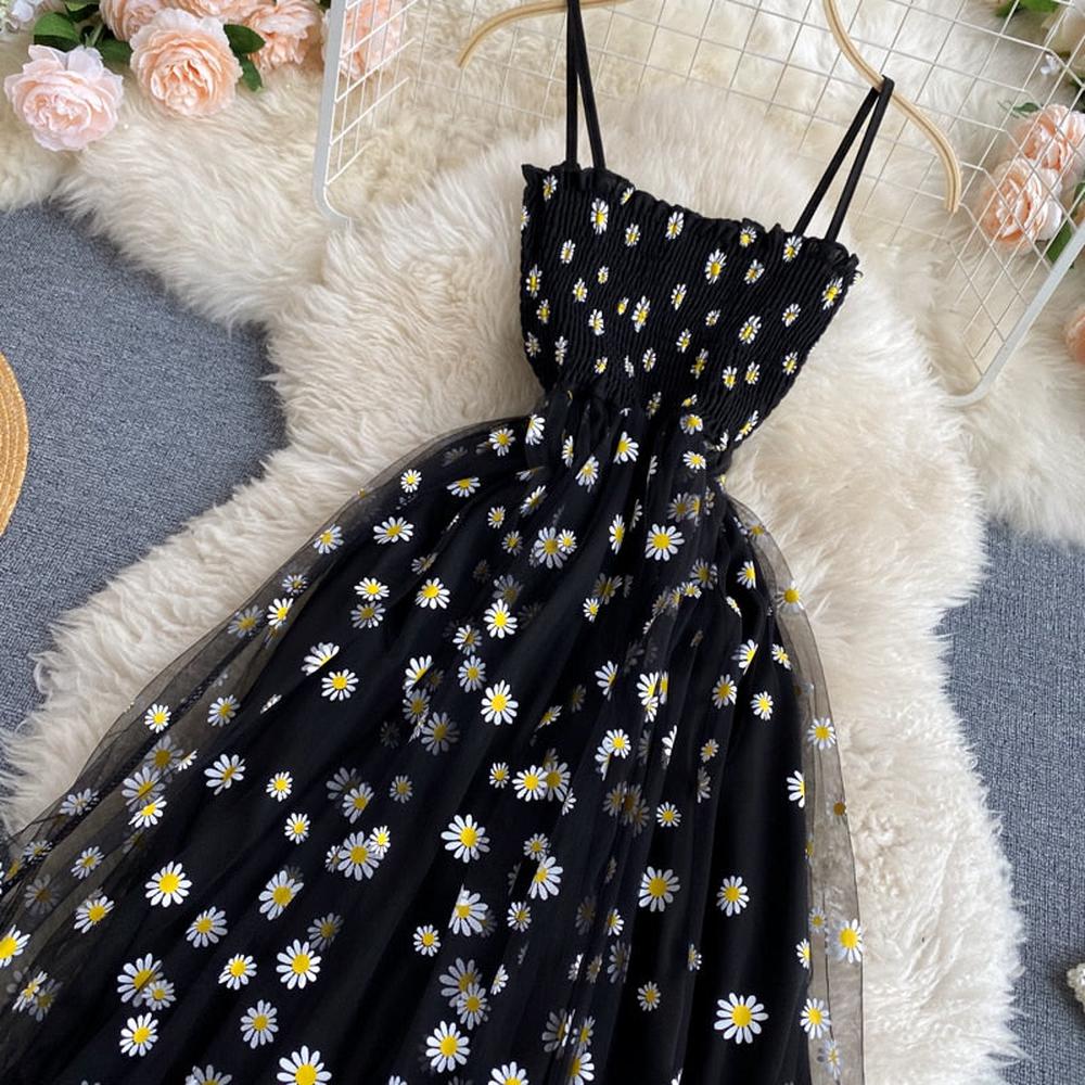 Women Daisy Flower Print Mesh Two Layers Spaghetti Strap Midi Dress