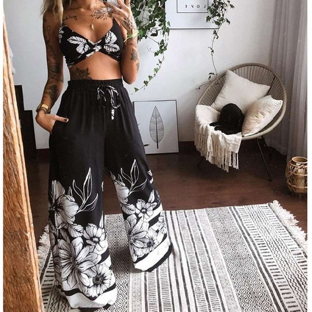 Tenues pour femmes style bohème plage imprimé sous-vêtements pantalon ample jambe large survêtement