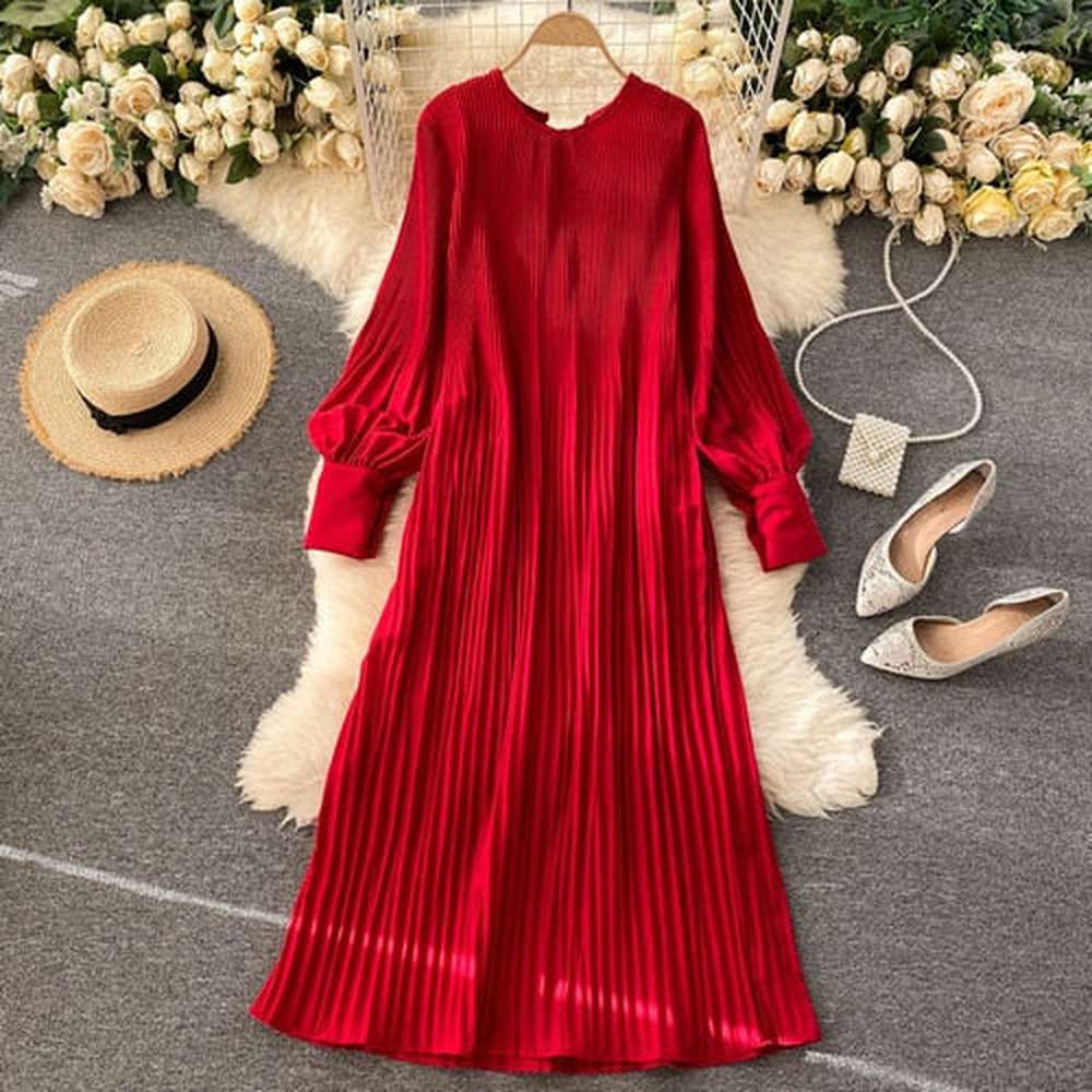 Damen Vintage Plissee Chiffon Langes Kleid Lässig Fester O-Ausschnitt Drapierte Robe