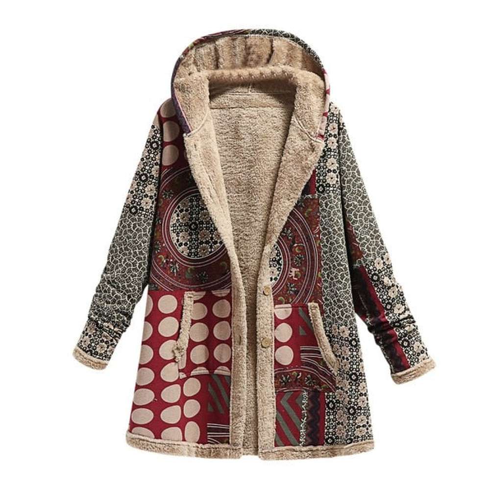 Women Printing Thick Fleece Hooded Loose Jacket