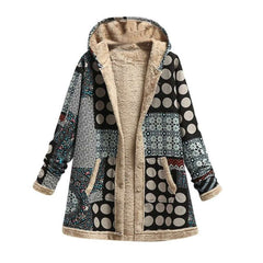 Women Printing Thick Fleece Hooded Loose Jacket