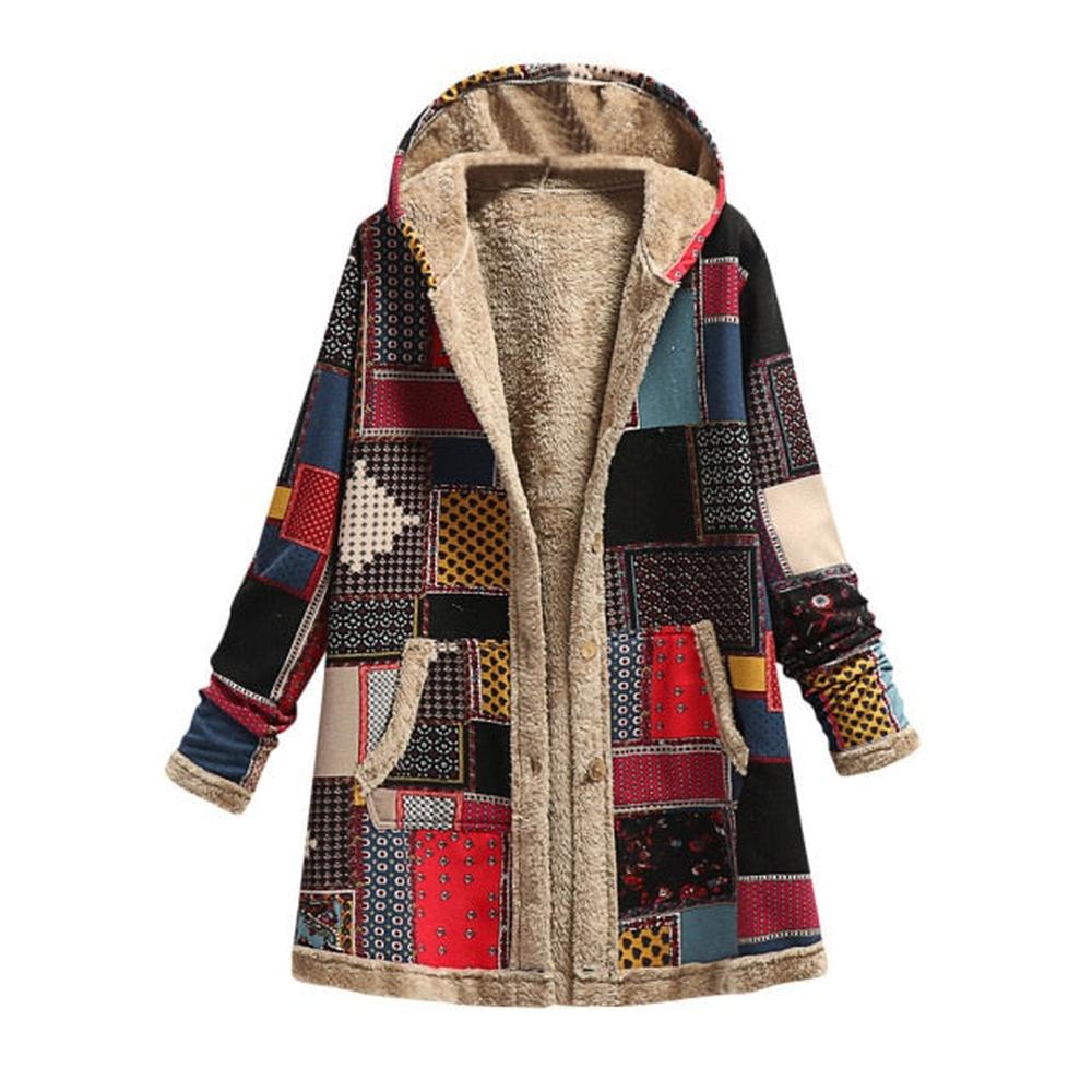 Women Printing Thick Fleece Hooded Loose Jacket