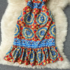 Women Retro Vestidos Print Bow Decoration Square Neck Strap Midi Dress