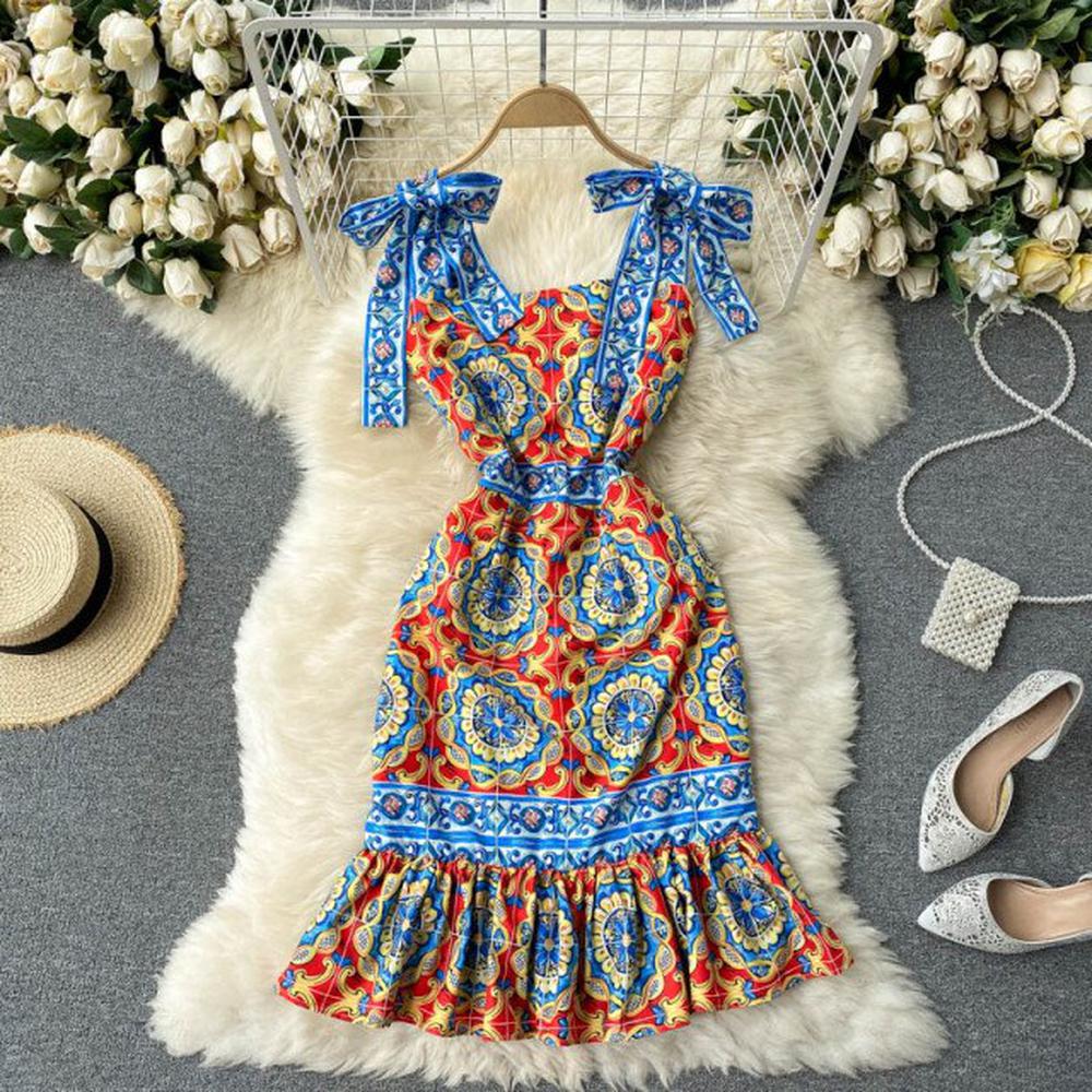 Women Retro Vestidos Print Bow Decoration Square Neck Strap Midi Dress