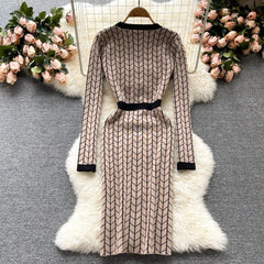 Women Buttons Retro Sweater Dress V-Neck Geometric Pattern Knitted Slim Sheath Bodycon Dress