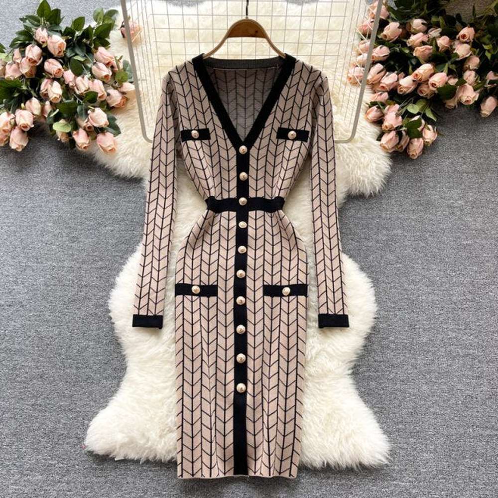 Women Buttons Retro Sweater Dress V-Neck Geometric Pattern Knitted Slim Sheath Bodycon Dress