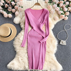 Women Office Elegant V-neck Cross Slim Waist Knitted Sweater Dress