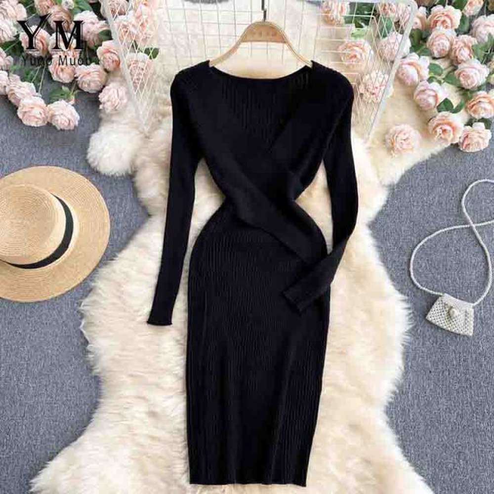 Women Office Elegant V-neck Cross Slim Waist Knitted Sweater Dress