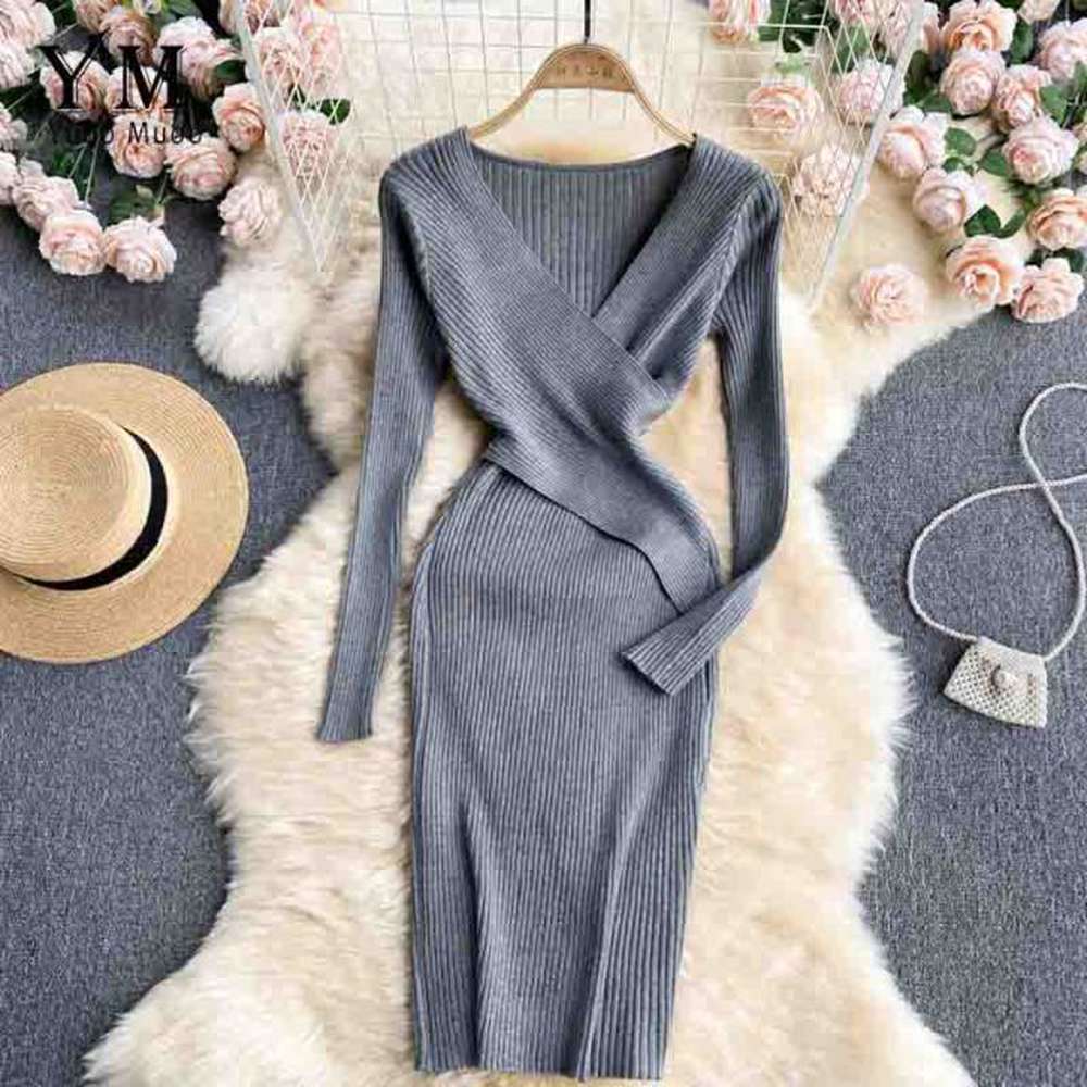 Women Office Elegant V-neck Cross Slim Waist Knitted Sweater Dress