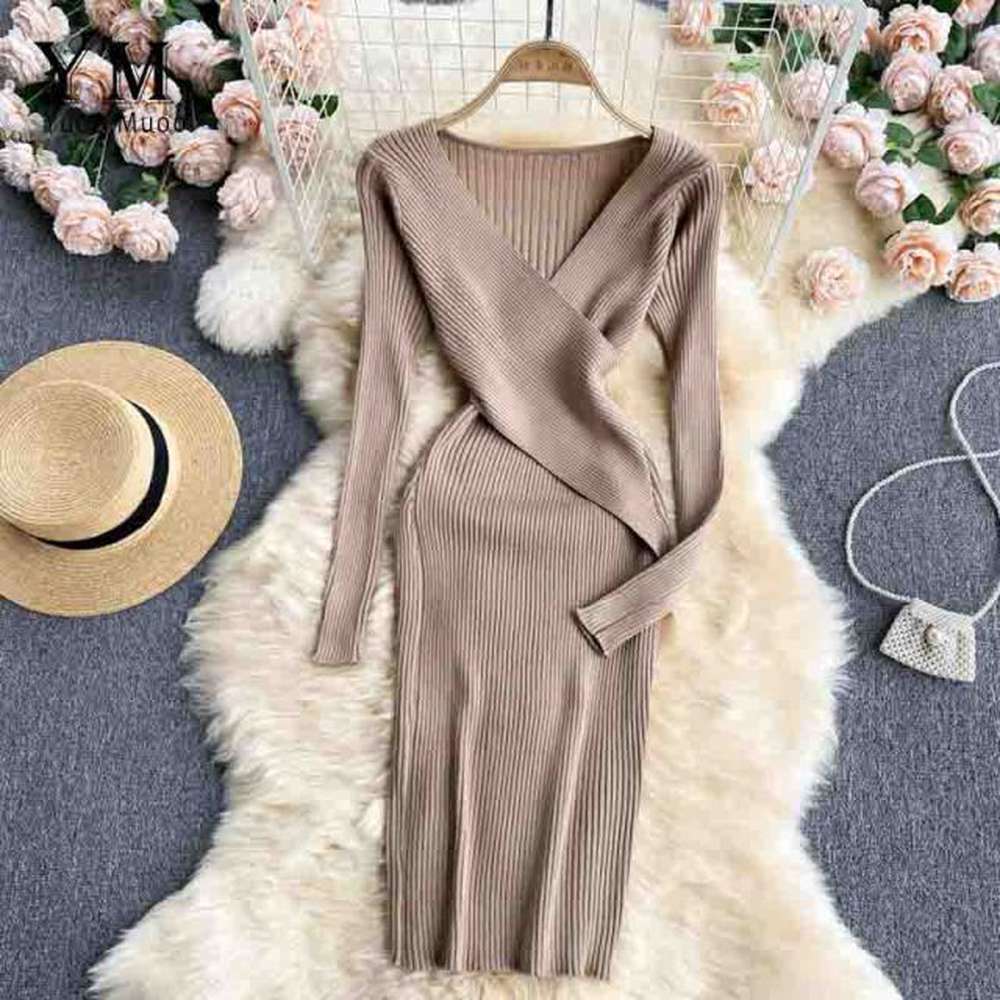 Women Office Elegant V-neck Cross Slim Waist Knitted Sweater Dress