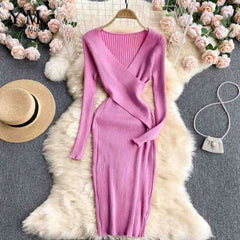 Women Office Elegant V-neck Cross Slim Waist Knitted Sweater Dress