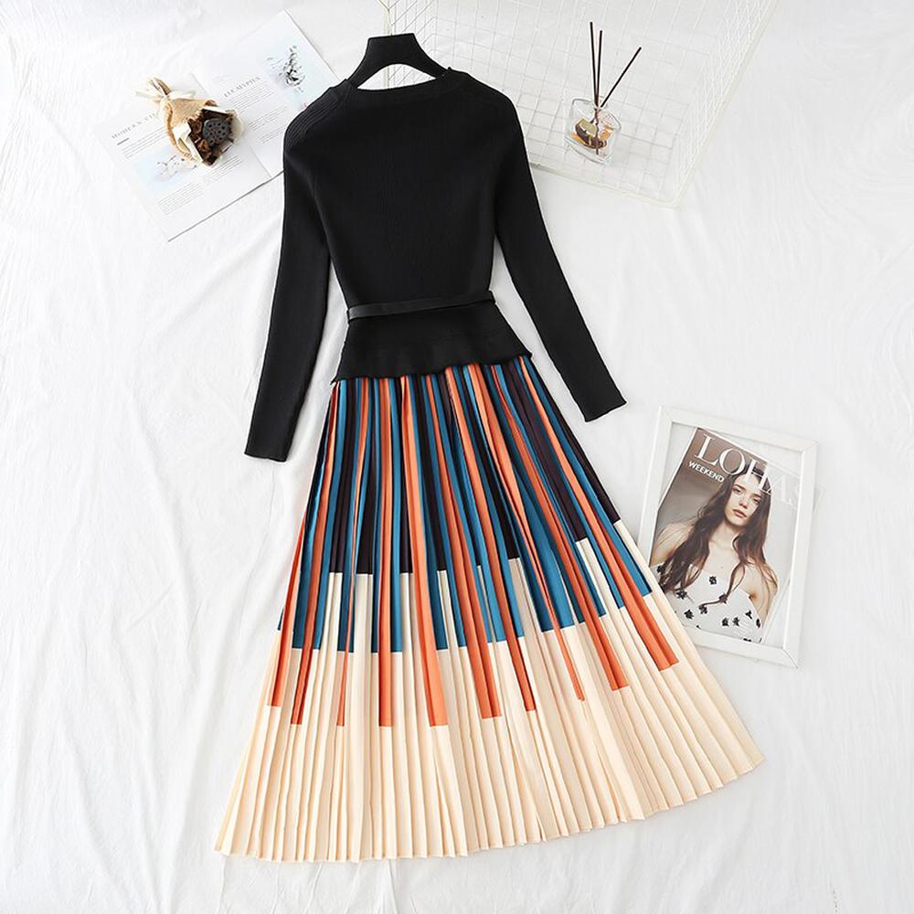 Women Elegant Striped Print Knitted Stitching Pleated Dress Thick Pullover Sweater