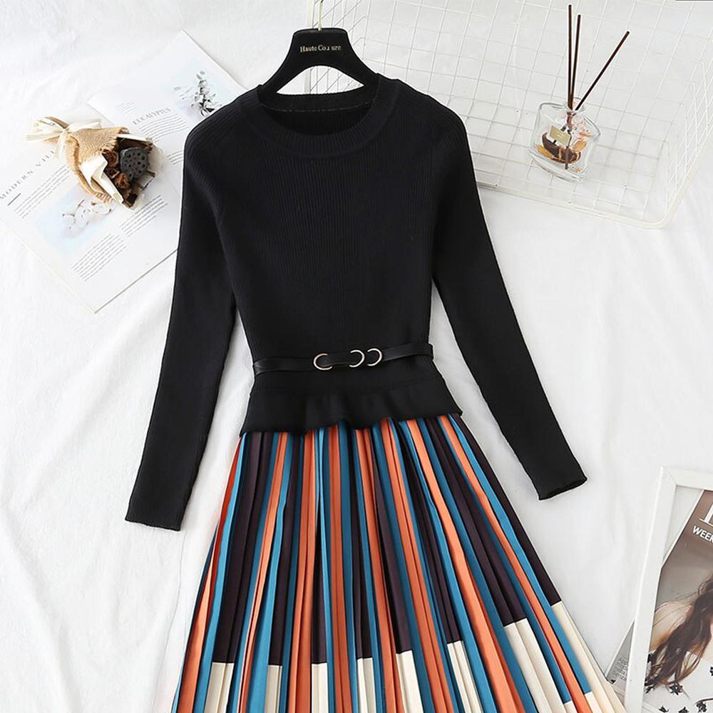 Women Elegant Striped Print Knitted Stitching Pleated Dress Thick Pullover Sweater