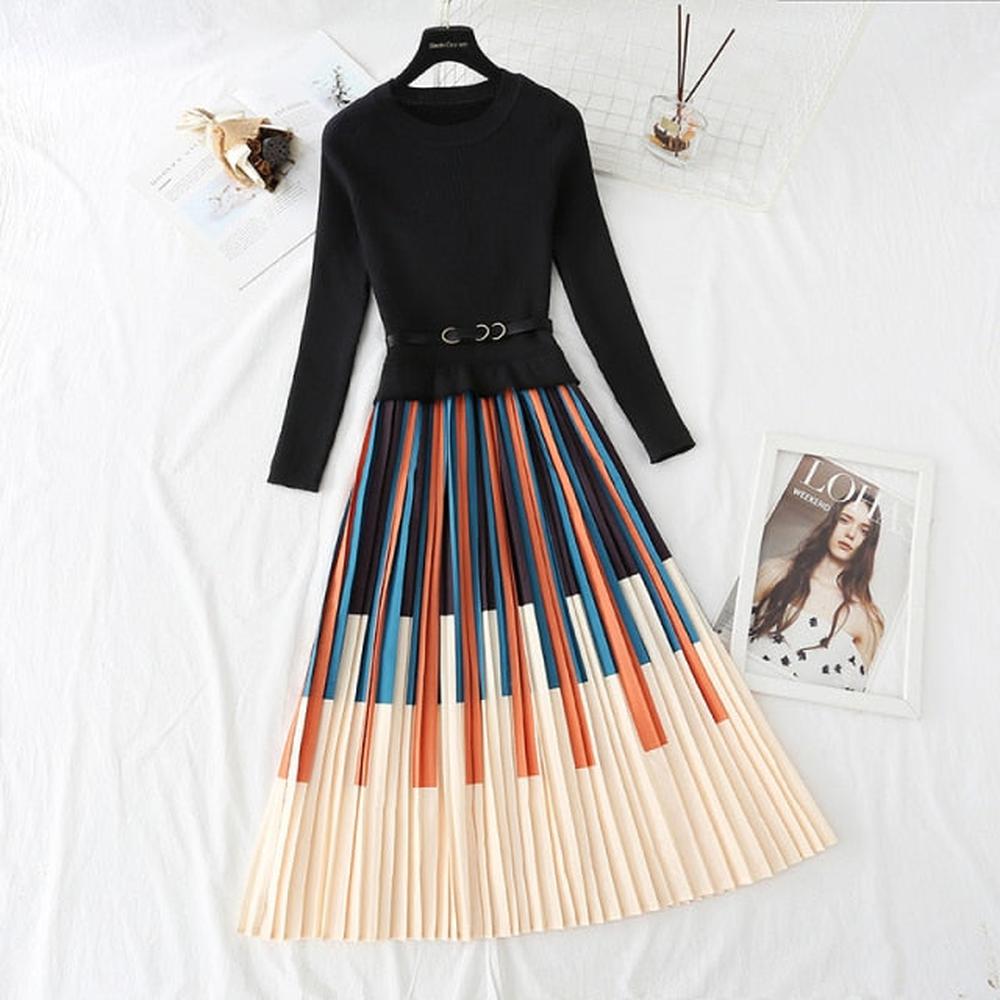 Women Elegant Striped Print Knitted Stitching Pleated Dress Thick Pullover Sweater