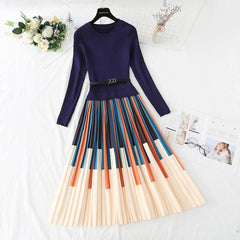 Women Elegant Striped Print Knitted Stitching Pleated Dress Thick Pullover Sweater