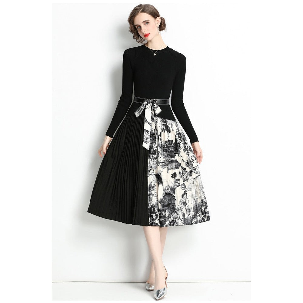 Women Elegant Retro Print Thick Pullover Stitching Belt Scarf Pleated Vestido Knitted Midi Dress