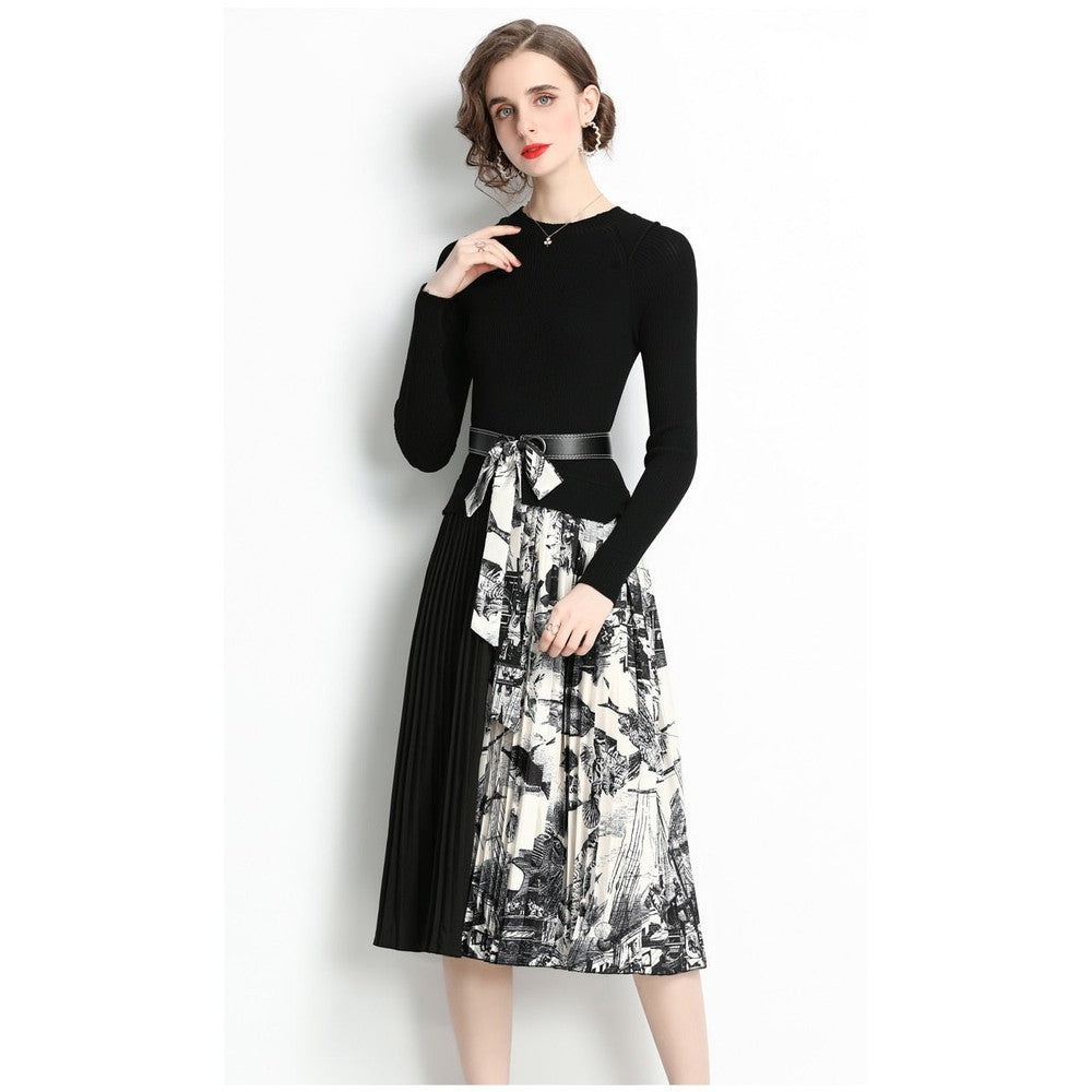 Women Elegant Retro Print Thick Pullover Stitching Belt Scarf Pleated Vestido Knitted Midi Dress