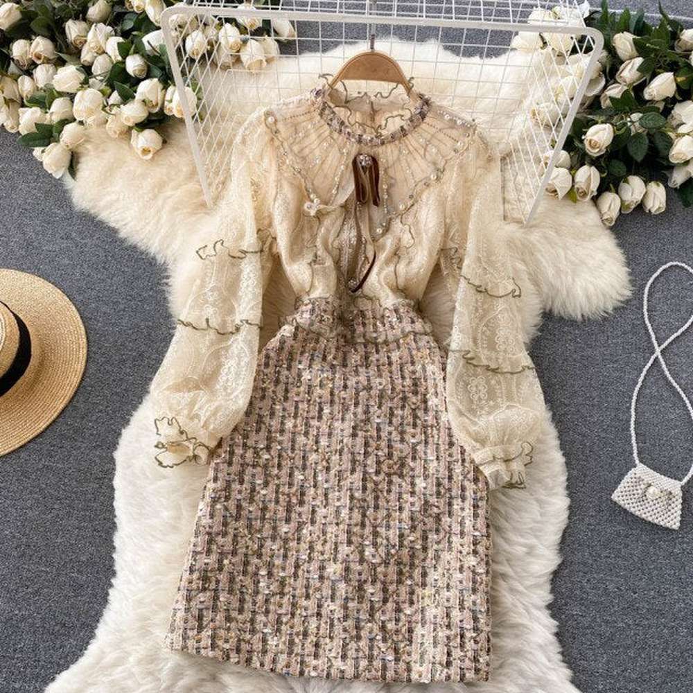 Women Runway Mesh Embroidery Patchwork Sequins Tweed Wool Dress