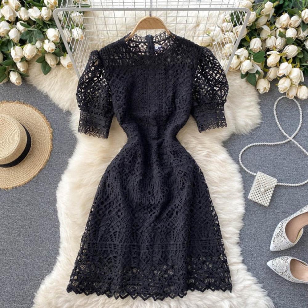 Women High Waist Elegant Short Sleeve Mini Vintage O-neck Dress