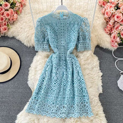 Women High Waist Elegant Short Sleeve Mini Vintage O-neck Dress