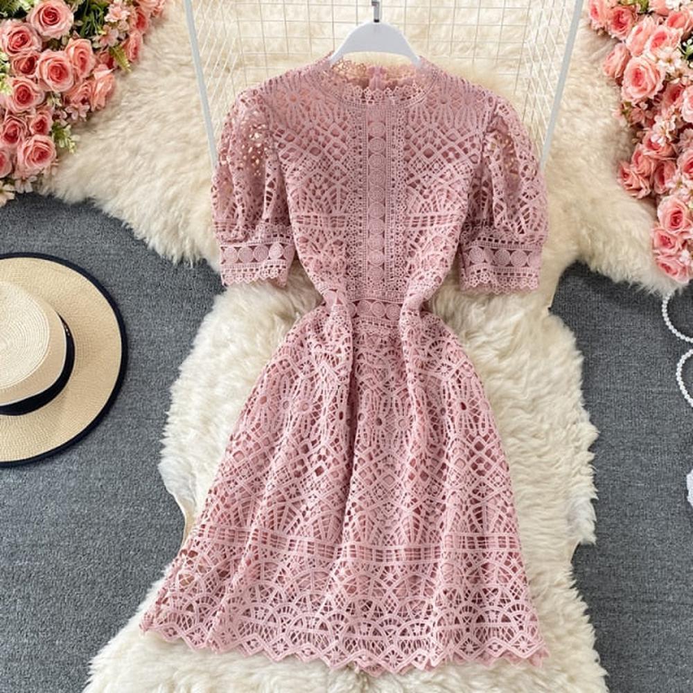 Women High Waist Elegant Short Sleeve Mini Vintage O-neck Dress