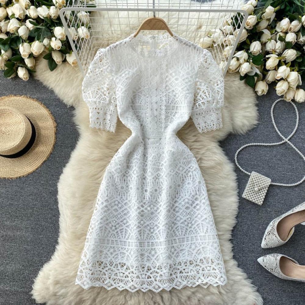 Women High Waist Elegant Short Sleeve Mini Vintage O-neck Dress