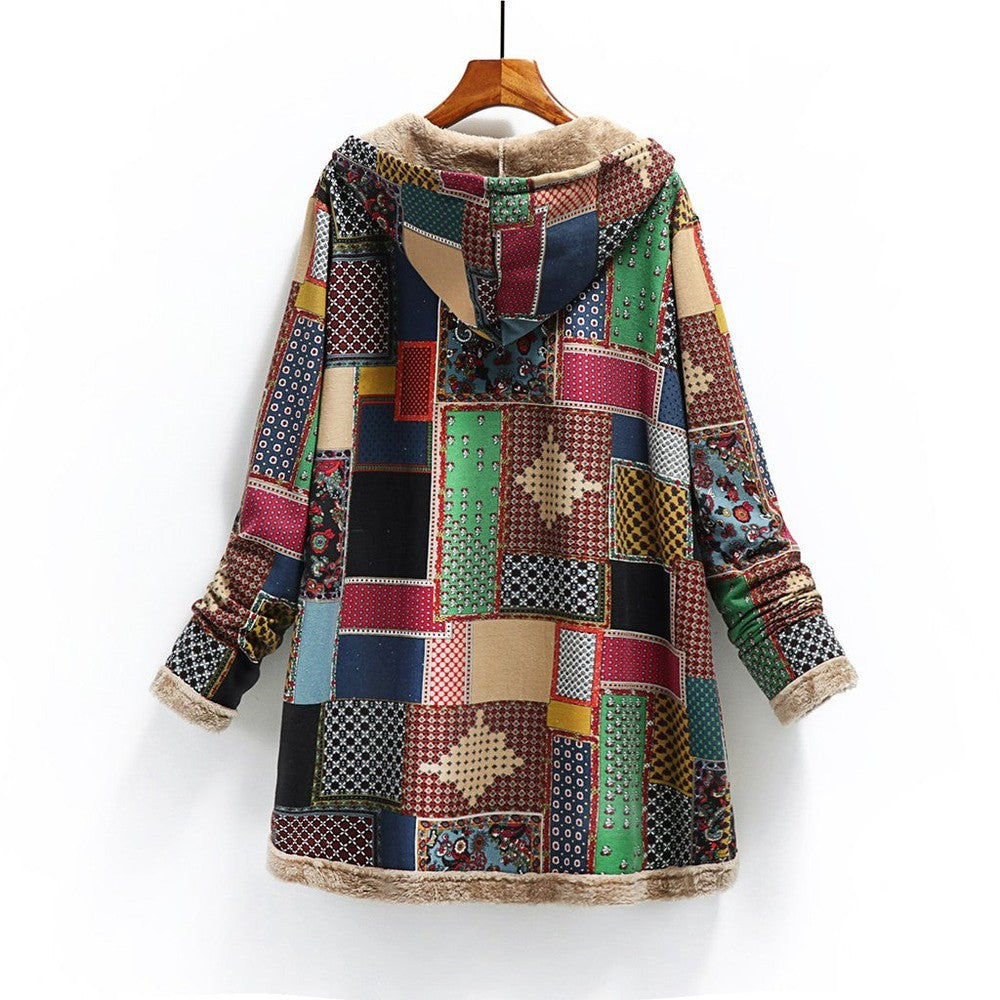 Women Printing Thick Fleece Hooded Loose Jacket