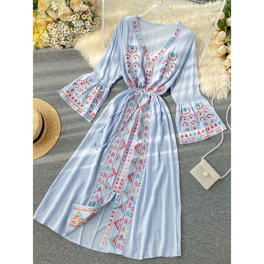 Women Embroidery Drawstring Trumpet Sleeves Ethnic Style Waist Long Dress