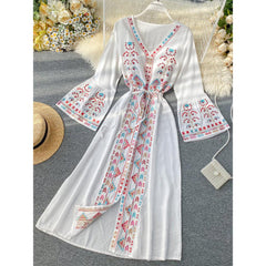 Women Embroidery Drawstring Trumpet Sleeves Ethnic Style Waist Long Dress