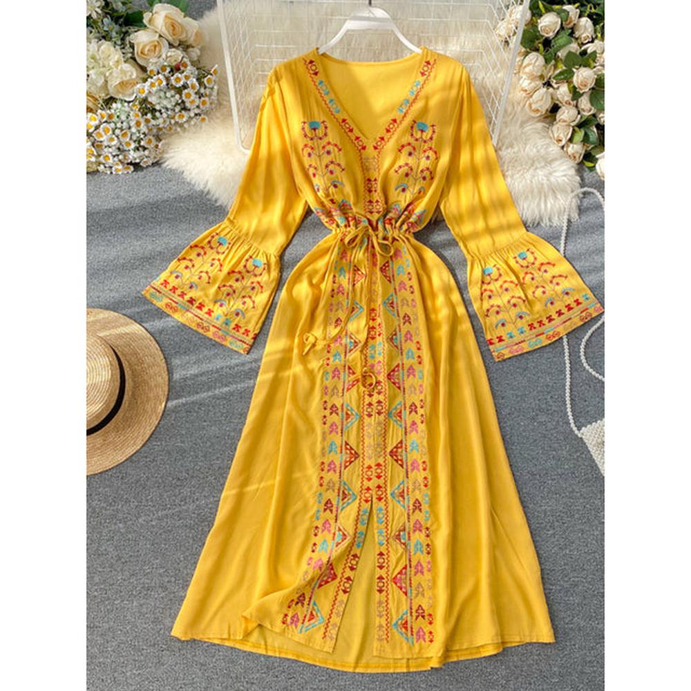 Women Embroidery Drawstring Trumpet Sleeves Ethnic Style Waist Long Dress