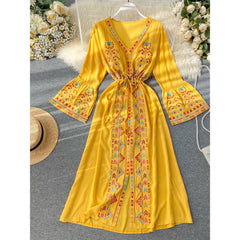 Women Embroidery Drawstring Trumpet Sleeves Ethnic Style Waist Long Dress