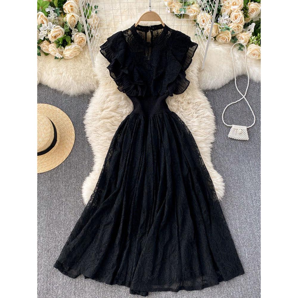 Women Vestidos French Elegant Pleated Ruffled Waist Temperament Lace Midi Dress