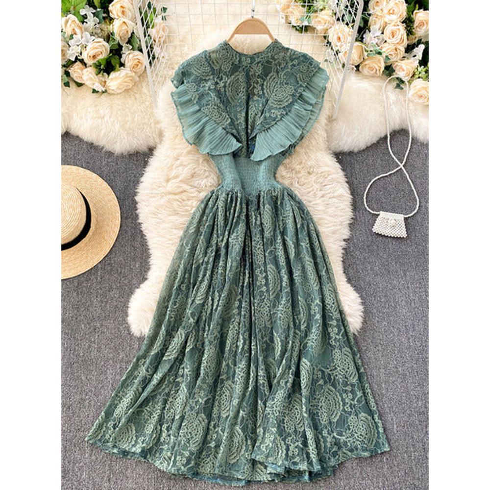 Women Vestidos French Elegant Pleated Ruffled Waist Temperament Lace Midi Dress