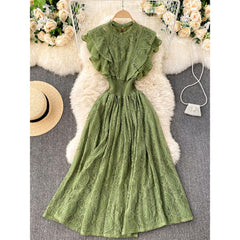 Women Vestidos French Elegant Pleated Ruffled Waist Temperament Lace Midi Dress