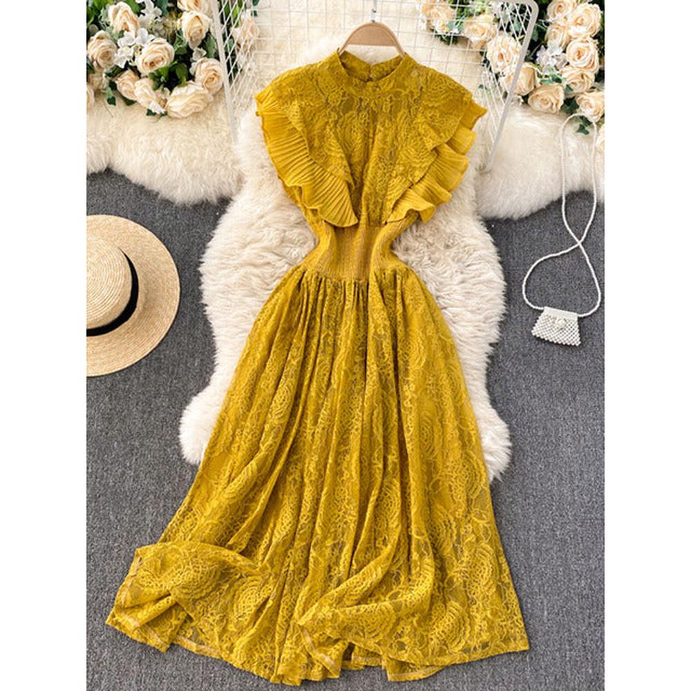 Women Vestidos French Elegant Pleated Ruffled Waist Temperament Lace Midi Dress