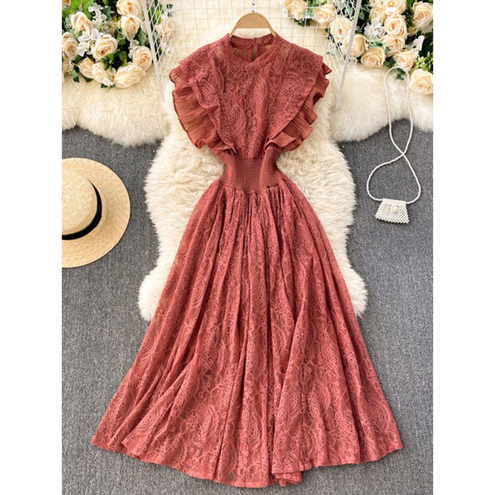 Women Vestidos French Elegant Pleated Ruffled Waist Temperament Lace Midi Dress