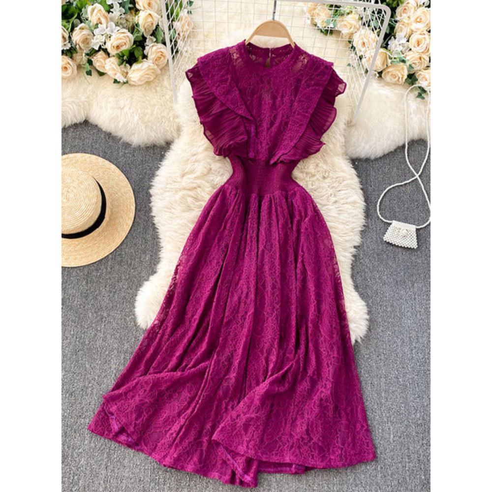 Women Vestidos French Elegant Pleated Ruffled Waist Temperament Lace Midi Dress