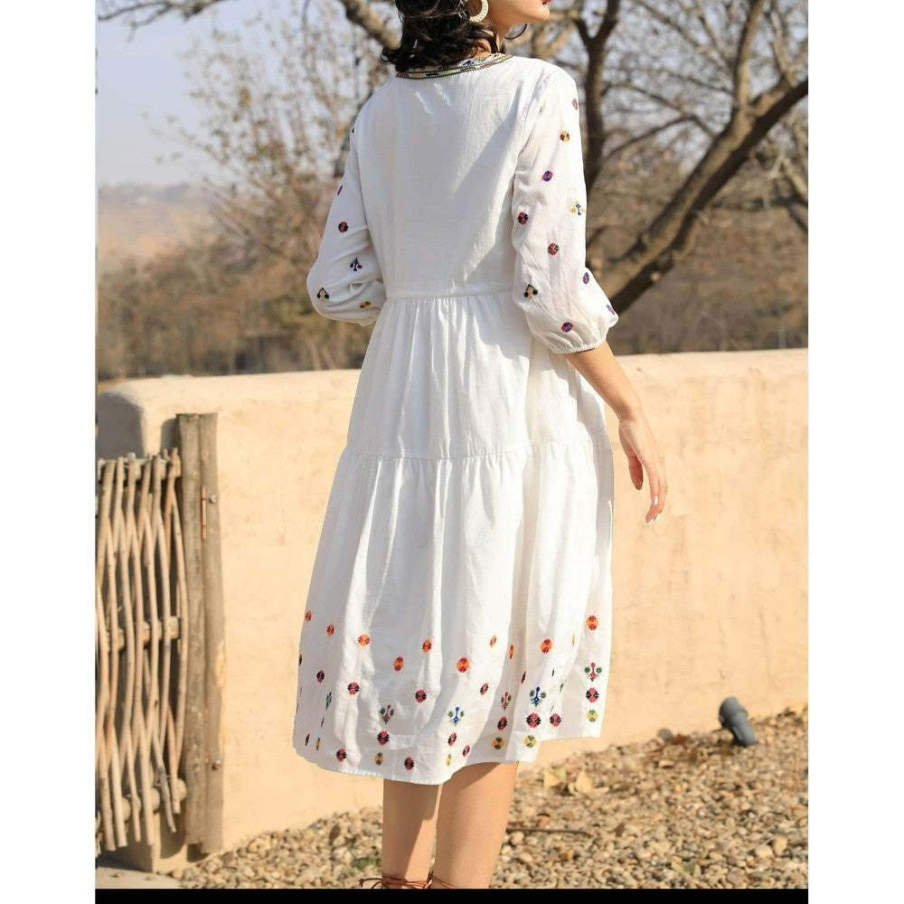 Women Vintage Embroidery Floral Casual Loose Lace Up Boho Mini Dress