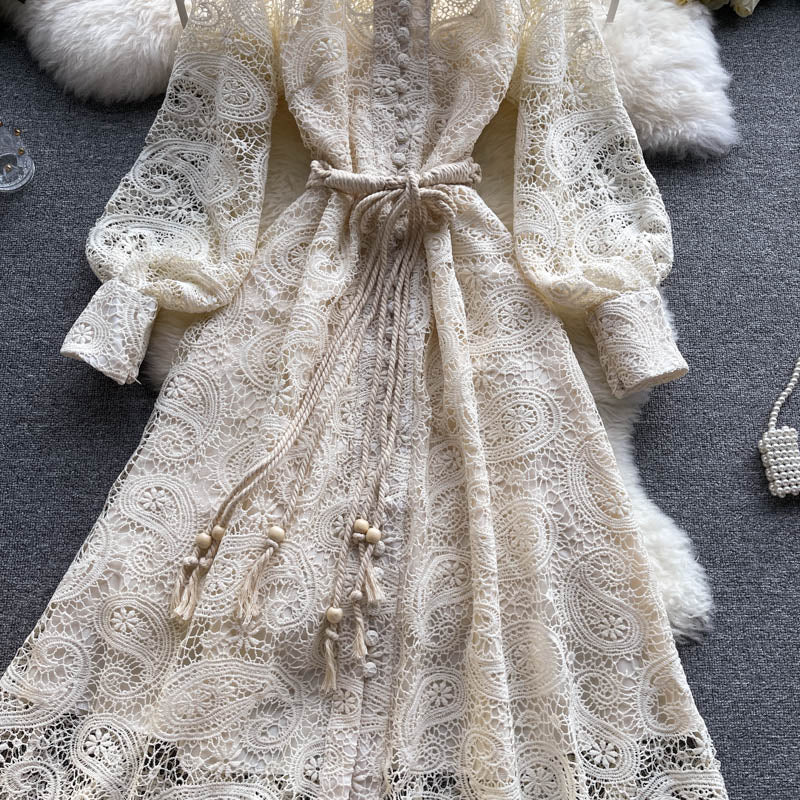 Robe mi-longue en dentelle à simple boutonnage pour femme, style lanterne vintage