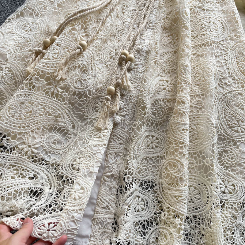 Robe mi-longue en dentelle à simple boutonnage pour femme, style lanterne vintage