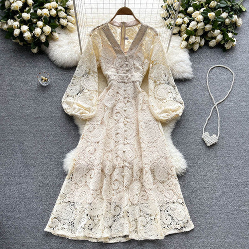 Women Vintage Lace Puff Sleeve Hollow Out Maxi Vestidos Dress