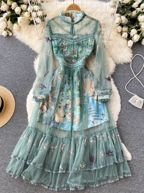 Women Mesh Ruffles Lace Flowers Embroidery A Line Vintage Midi Dress