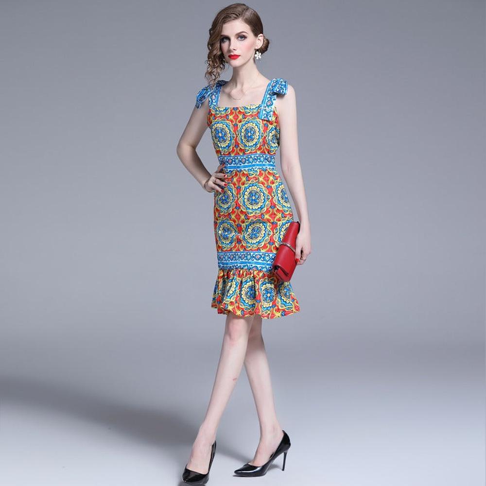 Women Retro Vestidos Print Bow Decoration Square Neck Strap Midi Dress