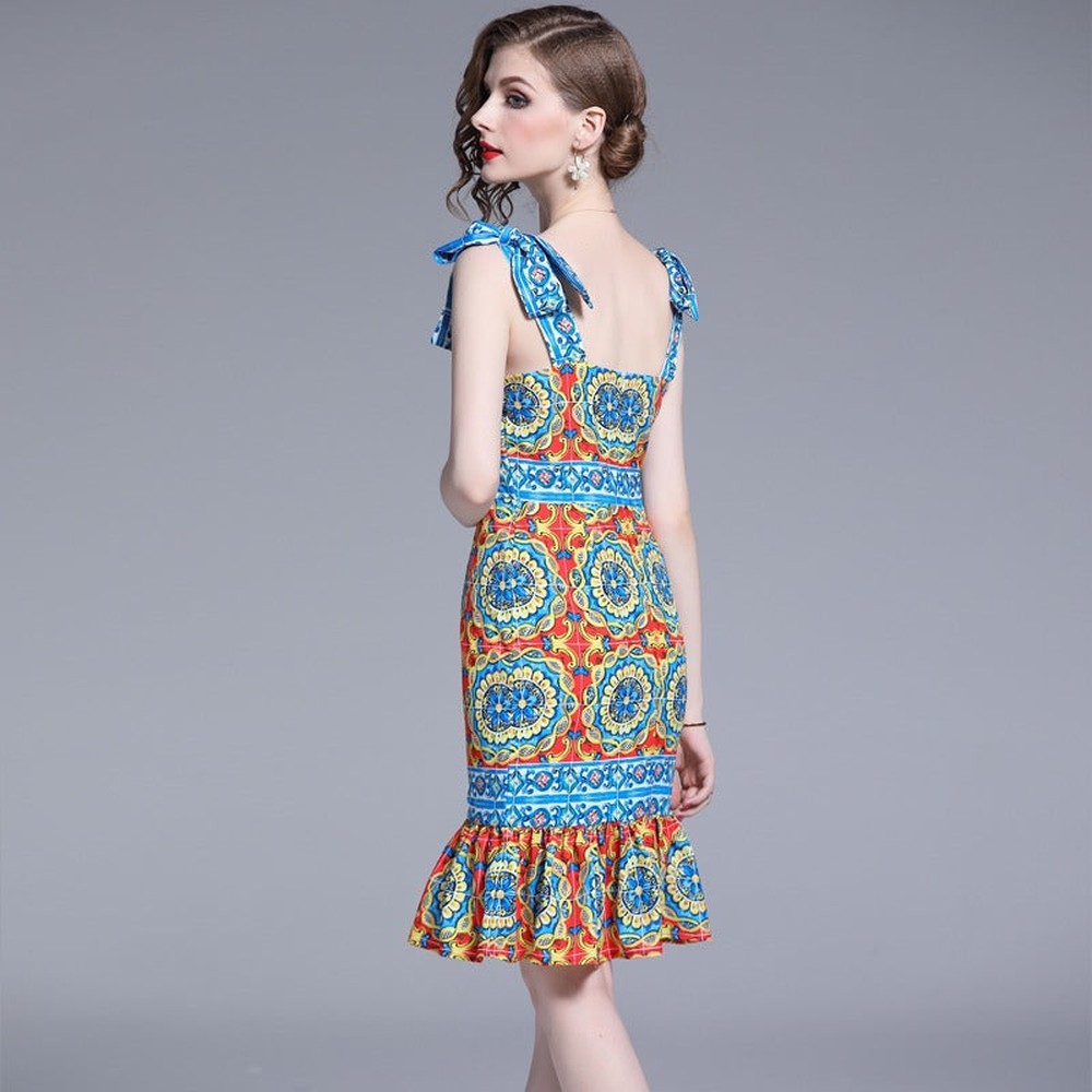 Women Retro Vestidos Print Bow Decoration Square Neck Strap Midi Dress