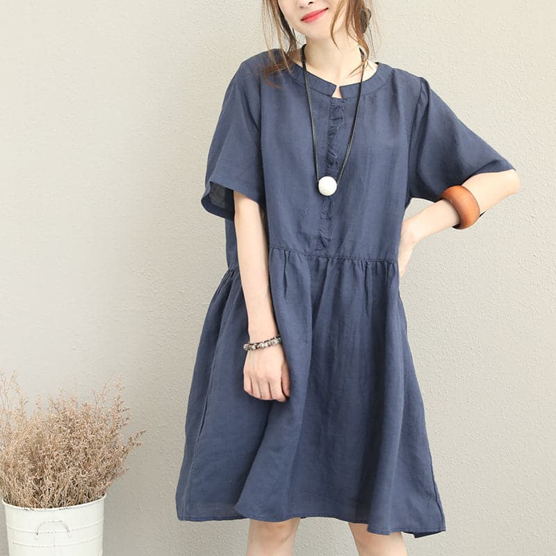 stylisches blaues Leinenkleid Oversize Leinen Maxikleid Damen Rüschen O Hals Baumwollkleid