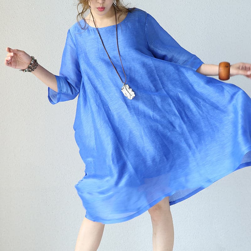 Robe élégante en soie naturelle bleue Robe ample en soie 2018 Vêtements en coton à manches mi-longues et col rond