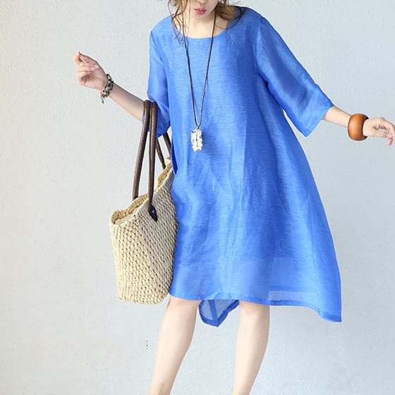 Robe élégante en soie naturelle bleue Robe ample en soie 2018 Vêtements en coton à manches mi-longues et col rond